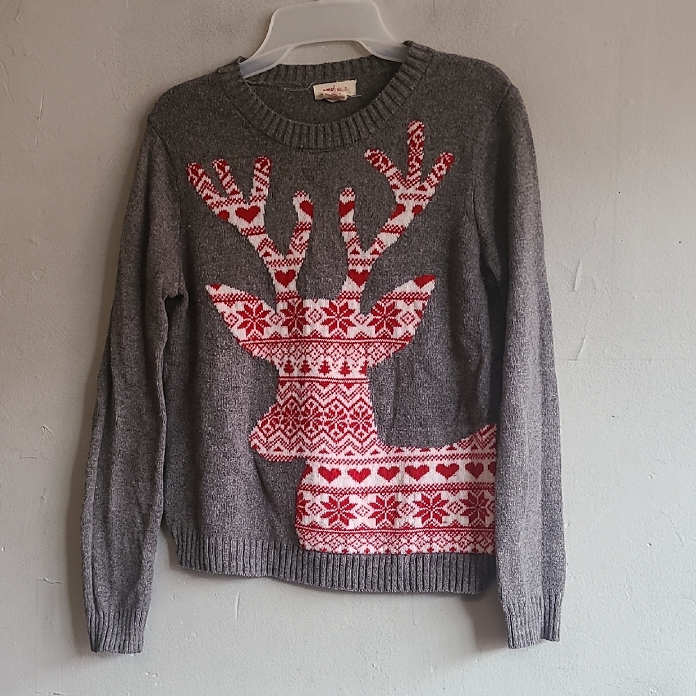Women's medium gray sweater crewneck wool blend red/white fair isle reindeer